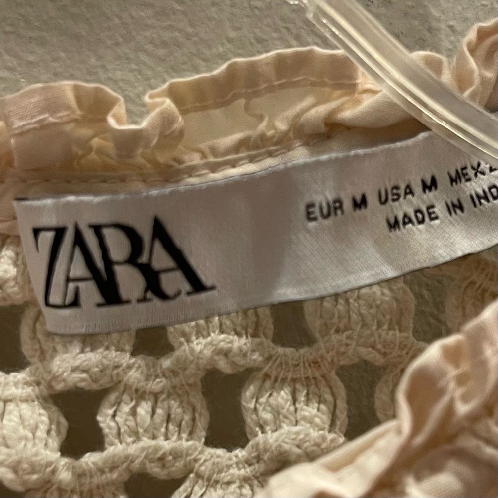 Zara Cream Crochet Front Ruffle Sleeve Blouse - Picture 3 of 9